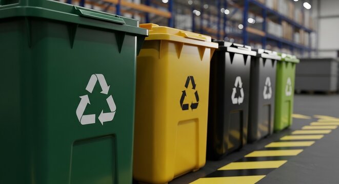 Row of colorful recycling bins with universal recycling symbol in a warehouse setting