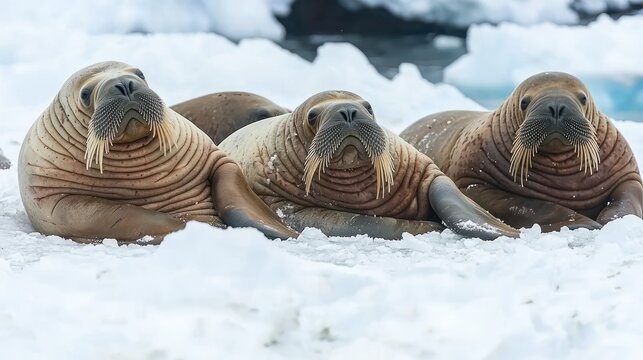 Three Walruses Resting on Ice Floe in Arctic Waters, Close-Up Portrait