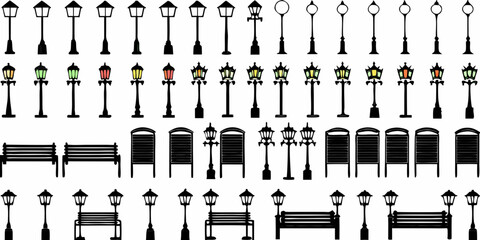 Collection of black and white street lamps benches and park elements © Partha