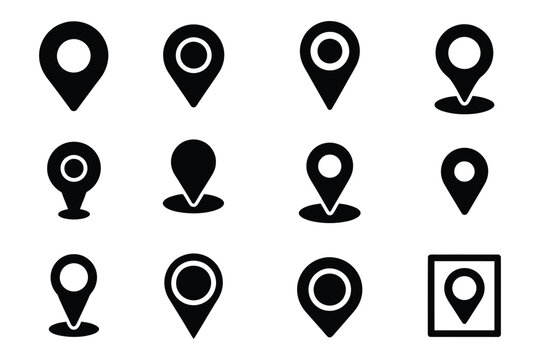 Location icon collection, solid style icons of location markers, classic location pin, filled map marker, pinpoint icon, drop pin, navigation and mapping symbols