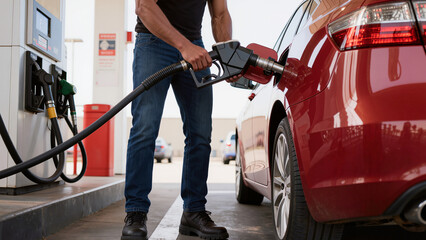gas pump nozzle, filling the car, A fuel nozzle is inserted into the vehicle, Refueling is a common daily task, The fuel hose is connected to the pump, The person stands next to the vehicle © Jakub