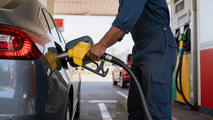 gas pump nozzle, filling the car, A fuel nozzle is inserted into the vehicle, Refueling is a common daily task, The fuel hose is connected to the pump, The person stands next to the vehicle © Jakub