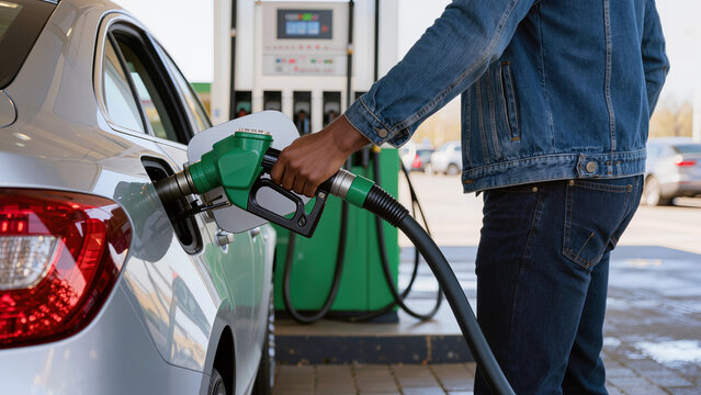 gas pump nozzle, filling the car, A fuel nozzle is inserted into the vehicle, Refueling is a common daily task, The fuel hose is connected to the pump, The person stands next to the vehicle
