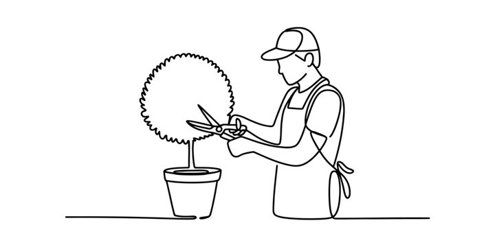 A single continuous line drawing of a gardener trimming a potted plant to keep it well shaped Vector, illustration