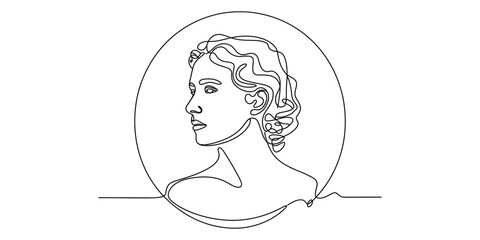 Minimalist continuous line art drawing of a woman profile portrait inside a perfect circle frame Vector, illustration © Pabon Art Gallery