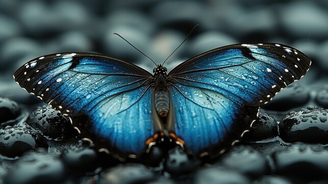 Iridescent Blue Morpho Butterfly on Wet Black Stones, Close-Up
