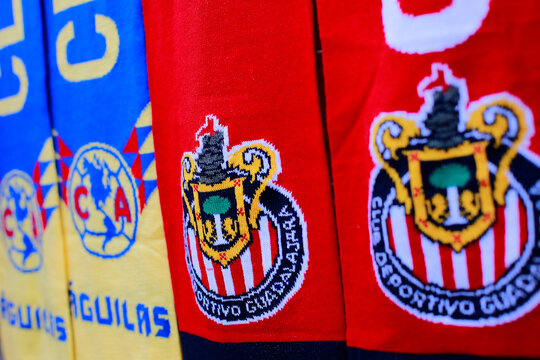 Ciudad de Mexico, Mexico - March 12. 2025: Merchandise from the America and Chivas team, from Mexican league