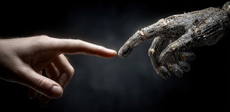 Human hand reaching towards robotic finger, symbolizing connection between humanity and artificial intelligence in a dark, dramatic setting with contrasting textures