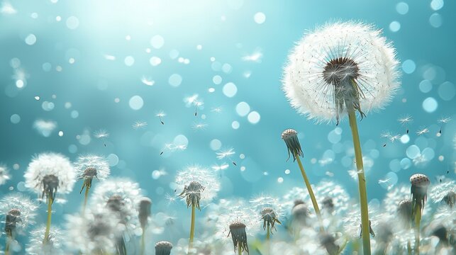 Ethereal Dandelions Blowing Seeds Against a Dreamy Blue Sky with Sparkling Bokeh