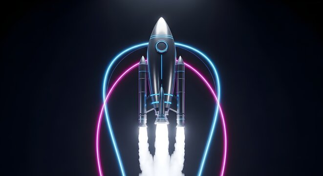 3D Illustration of Space Rocket with Blue and Pink Neon Glow Modern Style