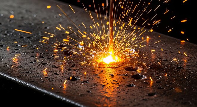 A bright yellow and orange spark flies through the air as a piece of metal is being cut with a welding torch in a dark room.