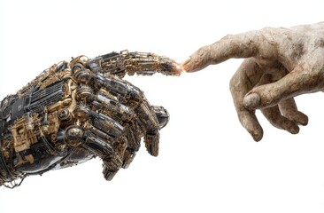 Obraz premium Robotic hand with metallic components reaching towards a human hand, both fingers almost touching, symbolizing the intersection of technology and humanity in a creative visual representation