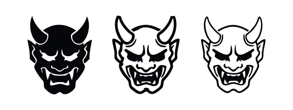 Traditional Japanese hannya demon mask icons in silhouette, bold outline, and thin line art styles