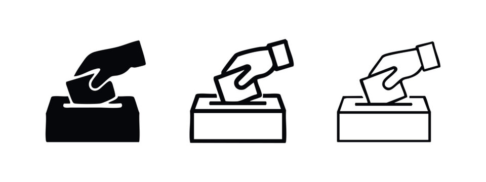 Voting and Election Ballot Box Icon Set - Hand Putting Paper in Slot Silhouette and Outline
