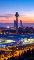 Obraz premium A cityscape at sunset featuring a tall tower and modern buildings