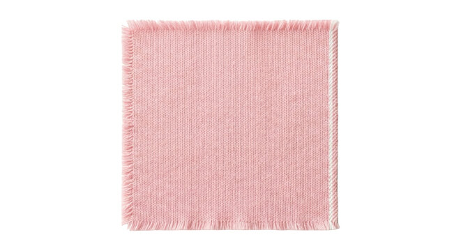 Square pink knit fabric swatch with raw fringed edge