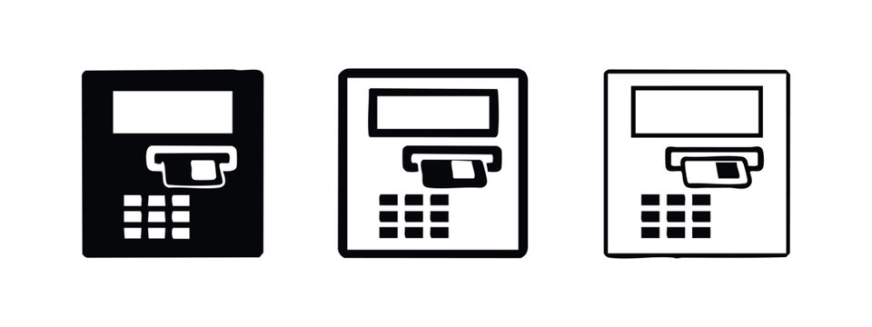 ATM machine icon set. Automated teller machine with credit card vector illustration.