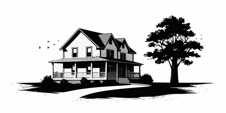 A detailed illustration of a classic victorian house with surrounding foliage