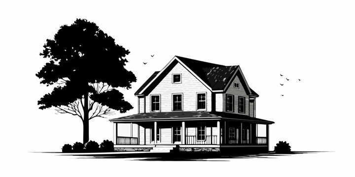 A detailed black and white illustration of a classic victorian house