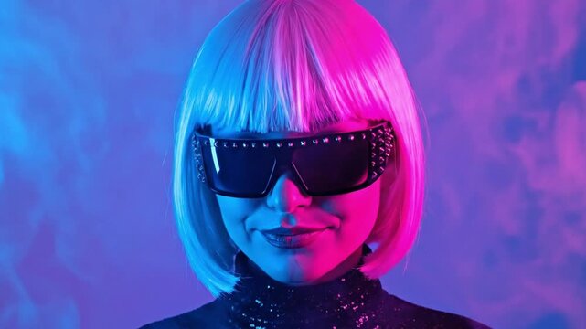 Young woman with bob wig and studded sunglasses bathed in vibrant neon pink and blue light with smoke effects