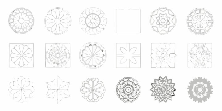 Collection of floral and geometric designs in grayscale sketches