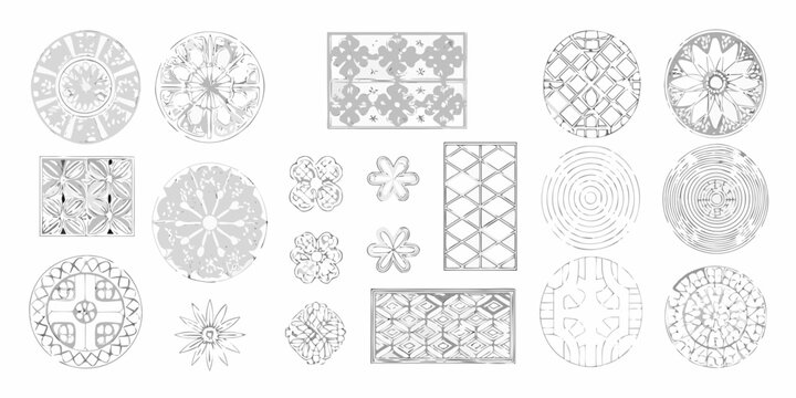 Collection of intricate black and white circular and square designs