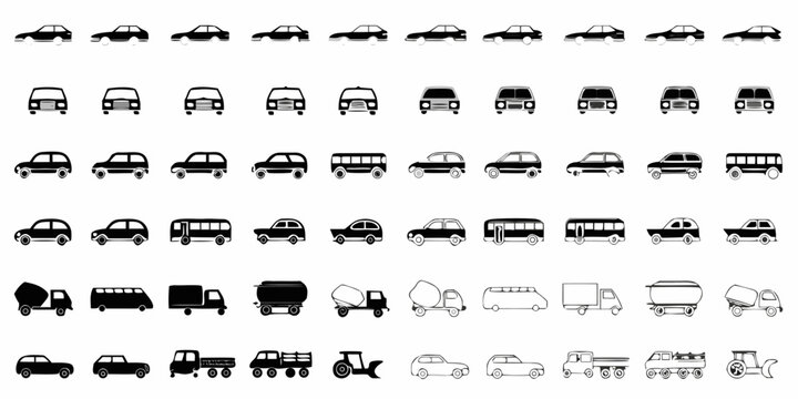 Collection of simplified black vehicle icons in various front and side views
