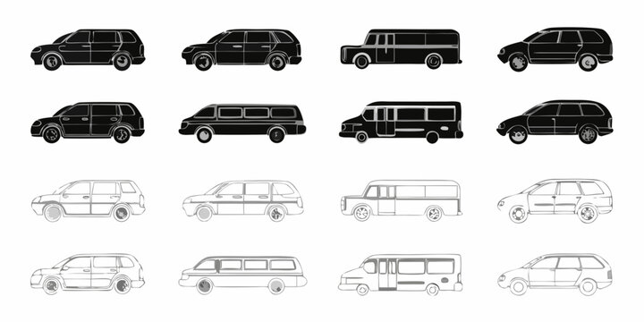 Collection of various suv and van vehicle silhouettes in black and white