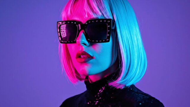 Young woman wearing a pink and blue bob wig with large studded sunglasses and sequin top under neon studio lights