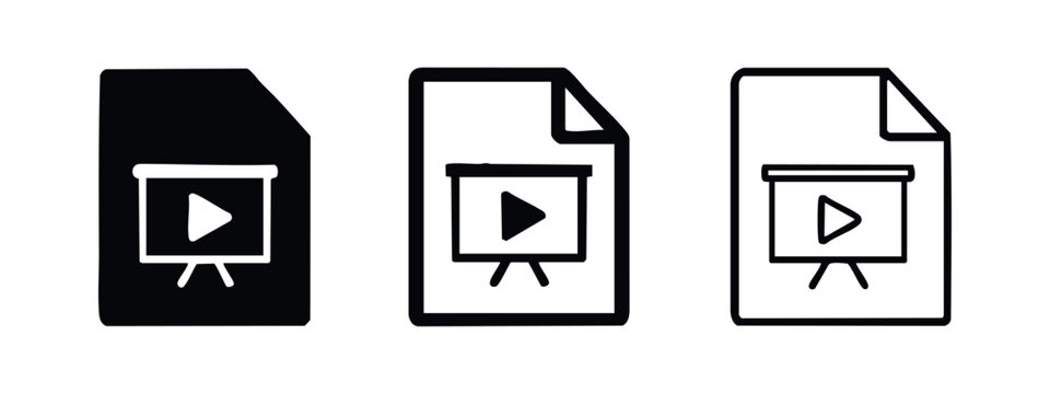 Presentation file icon set with play button. Multimedia slide show symbol for digital content and education.