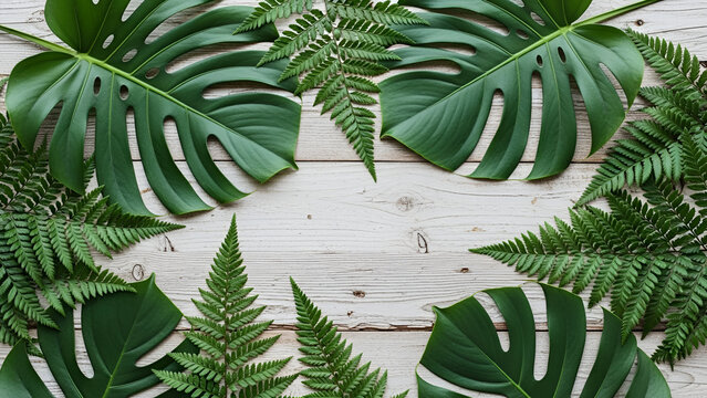 Tropical leaves arrangement on wooden surface