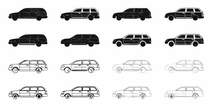 Black and white illustration depicting multiple suv vehicle silhouettes