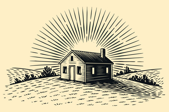 A quaint wooden cabin sits nestled in a grassy field under a sunburst