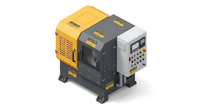 Industrial metal cutting machine with yellow safety guards, control panel, and caution warning labels