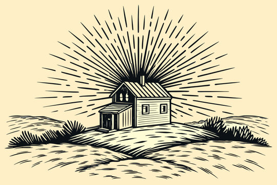 A vintage style illustration of a small house with radiating sunburst lines