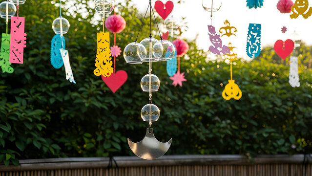 Colorful wind chimes in garden