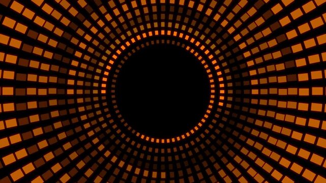 Orange radial tunnel with glowing square grid pattern forming circular depth. Futuristic abstract background