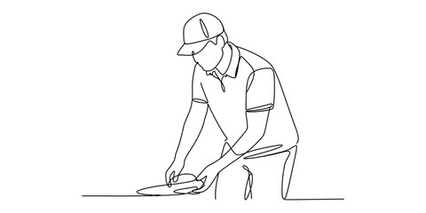 A single continuous line drawing of a person wearing a cap while working on a flat surface area. Vector, illustration © Pabon Art Gallery