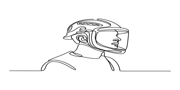 A single continuous line drawing of a construction worker wearing a hard hat with face shield Vector, illustration