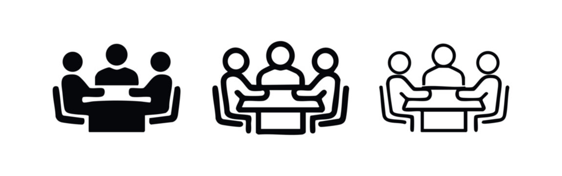 Three icons of people sitting around a table, representing a meeting or collaboration.