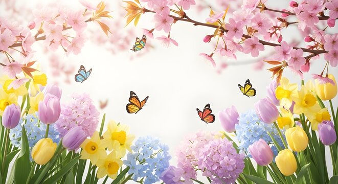 Beautiful Spring Garden with Tulips, Daffodils, Cherry Blossoms and Butterflies