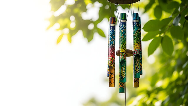 Colorful wind chimes hanging in a tree