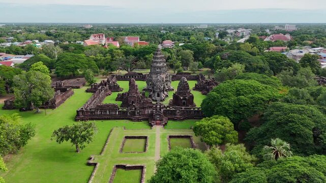 Drone footage aerial view of Phimai Historical Park. the ancient stone temple structures from the Khmer empire. Nakhon Ratchasima, Thailand
