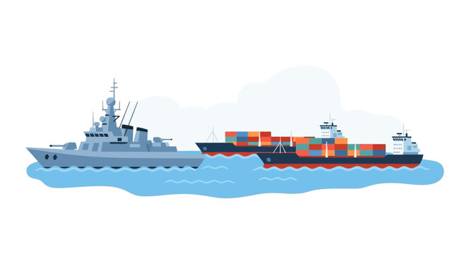 A military warship escorting a commercial container cargo ship on the ocean. EPS Editable. Vector Illustrations.
