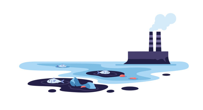 Industrial factory polluting water with oil and dead fish. EPS Editable. Vector Illustrations.