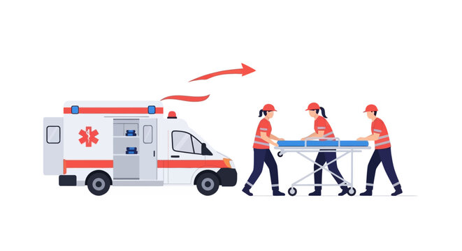 Medical team of paramedics transporting a patient on a stretcher to an ambulance. EPS Editable. Vector Illustrations.