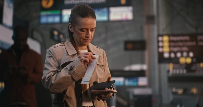 Stylish Young Woman Stands in Airport Terminal, Scanning Digital Ticket on Smartphone, Glances Between Phone Screen and Large Flight Information Display Board FIDS Confirm Gate and Departure Status.