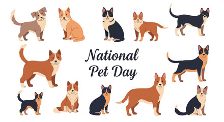 Fototapeta premium A vector illustration celebrates National Pet Day with an array of diverse dog breeds displayed in a horizontal composition, expressing pet companionship and love for domestic animals