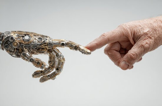 Robot hand reaching out to touch the fingertip of a human hand, showcasing intricate mechanical details and textures against a neutral background
