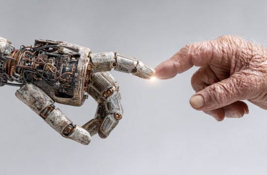 Robot hand reaching out to touch fingertip of elderly human hand, showcasing intricate mechanical details and skin texture against a neutral background